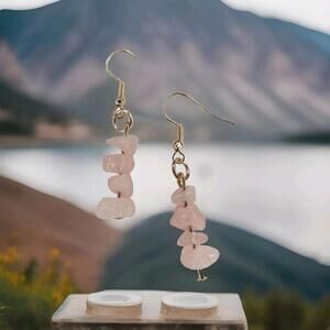 Handmade Rose Quartz Stone Drop Gold Dangle Earrings Pink Earrings